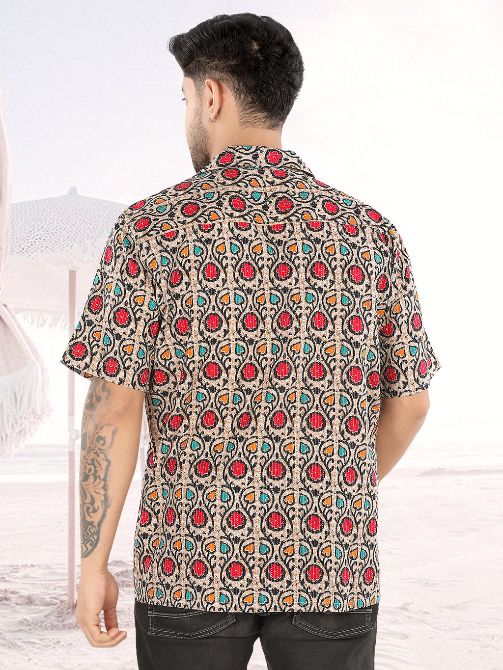 Men’s Beige Ethnic Floral Printed Half Sleeve Casual Shirt(1115)