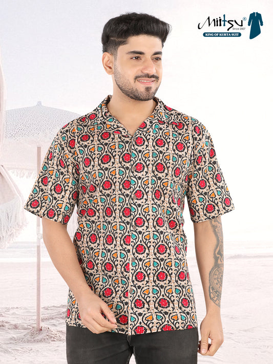 Men’s Beige Ethnic Floral Printed Half Sleeve Casual Shirt(1115)