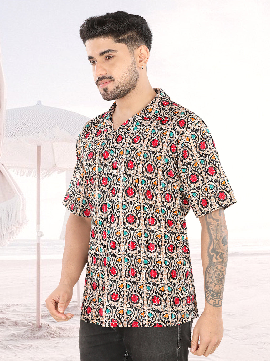 Men’s Beige Ethnic Floral Printed Half Sleeve Casual Shirt(1115)