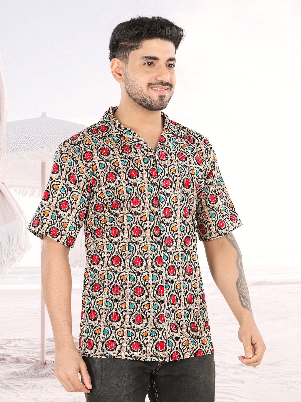 Men’s Beige Ethnic Floral Printed Half Sleeve Casual Shirt(1115)