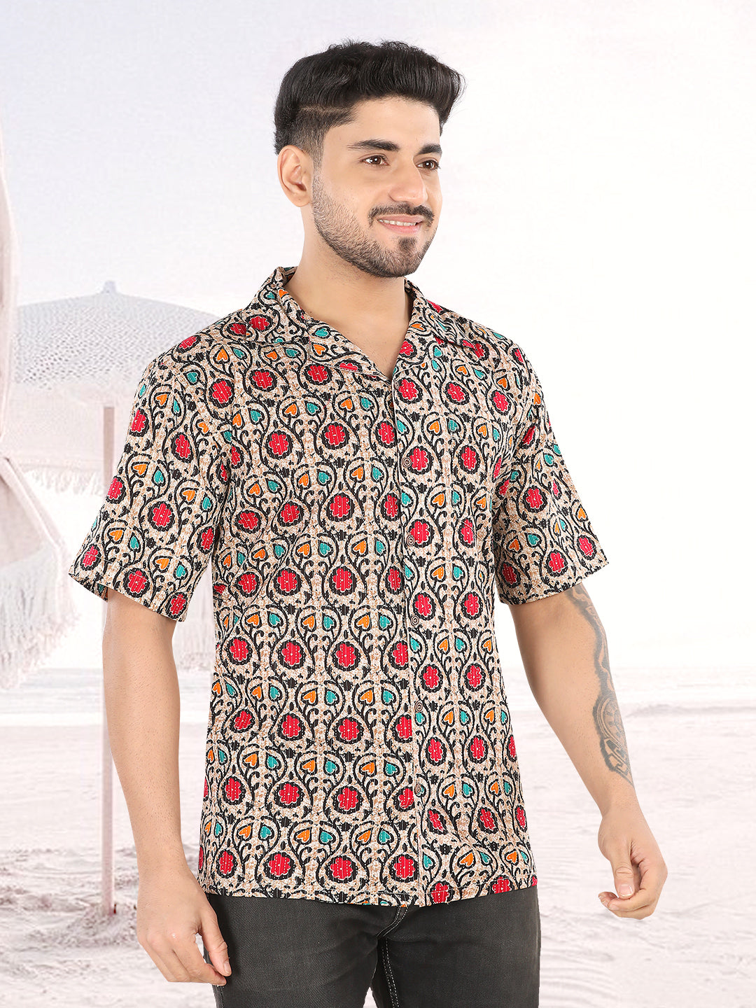 Men’s Beige Ethnic Floral Printed Half Sleeve Casual Shirt(1115)