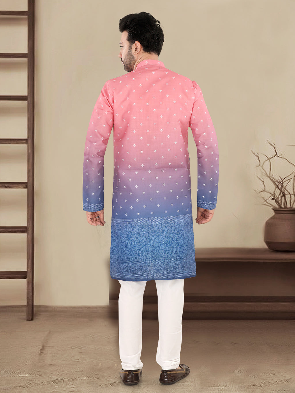 Pink to Royal Blue Ombre Ethnic Print Kurta (7081)