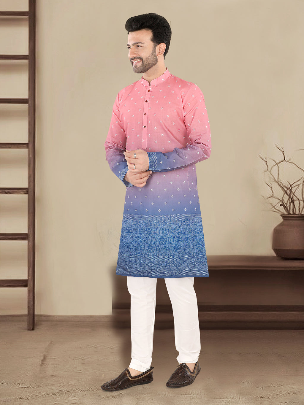 Pink to Royal Blue Ombre Ethnic Print Kurta (7081)