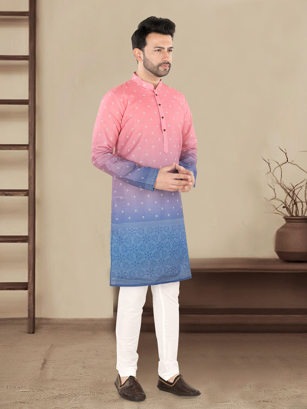 Pink to Royal Blue Ombre Ethnic Print Kurta (7081)
