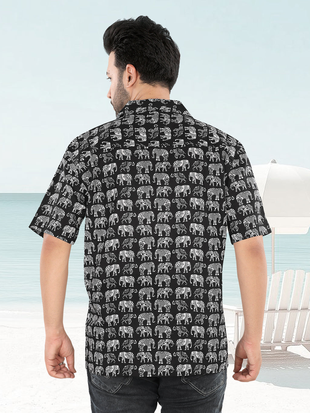 Men’s Black Elephant Ajrakh Printed Half Sleeve Casual Shirt(1103)