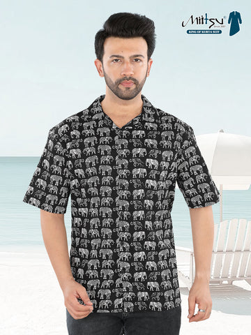 Men’s Black Elephant Ajrakh Printed Half Sleeve Casual Shirt(1103)
