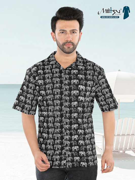 Men’s Black Elephant Ajrakh Printed Half Sleeve Casual Shirt(1103)
