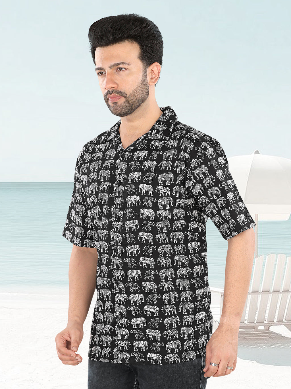 Men’s Black Elephant Ajrakh Printed Half Sleeve Casual Shirt(1103)