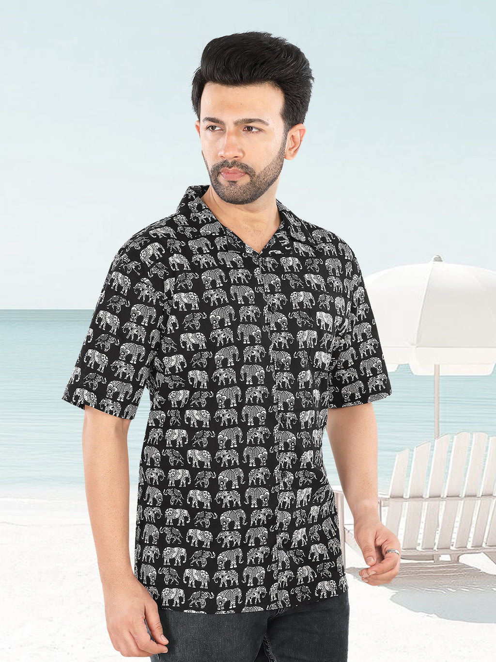 Men’s Black Elephant Ajrakh Printed Half Sleeve Casual Shirt(1103)