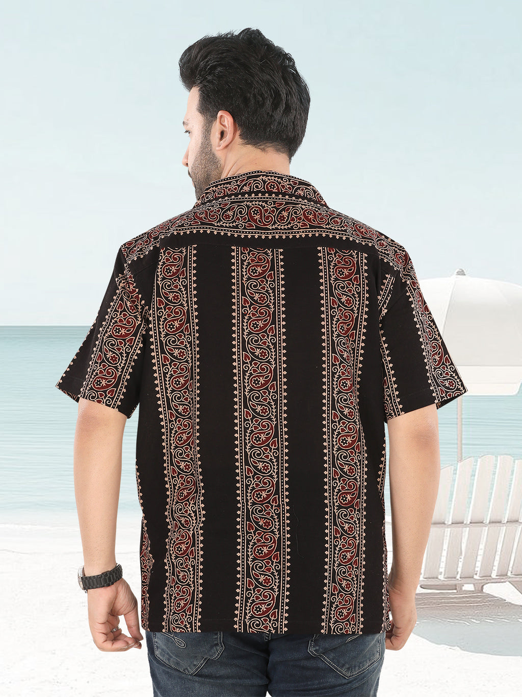 Men’s Black Vertical Ethnic Ajrakh Print Half Sleeve Casual Shirt (1107)