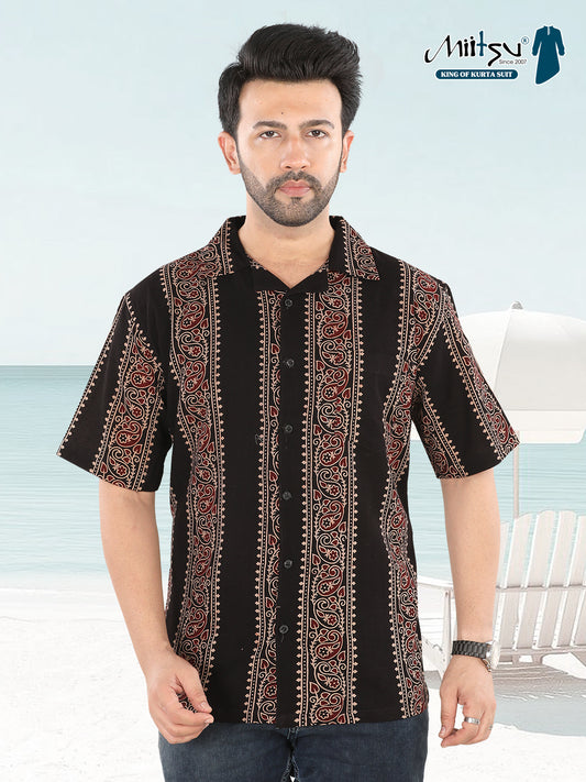 Men’s Black Vertical Ethnic Ajrakh Print Half Sleeve Casual Shirt (1107)