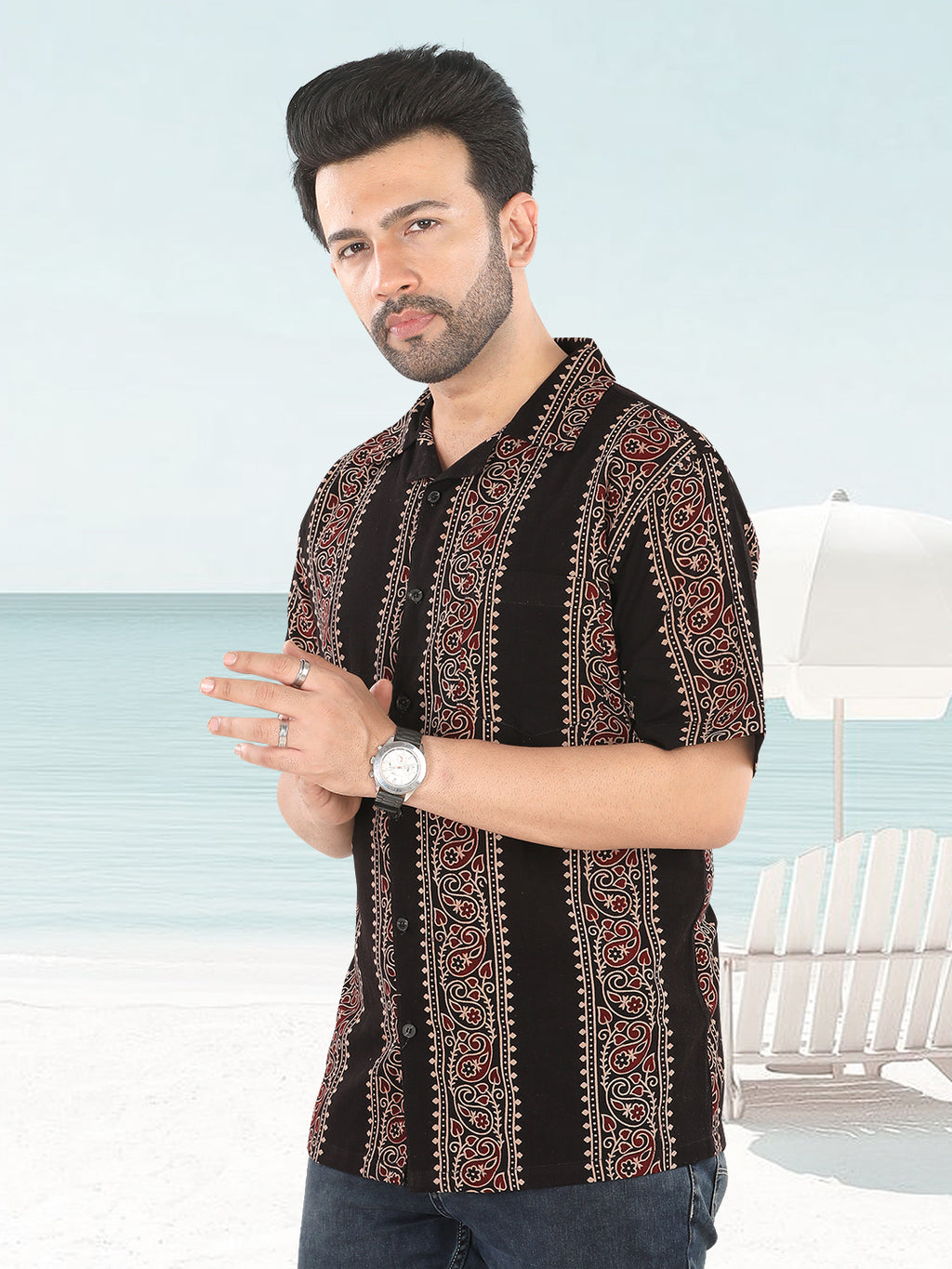 Men’s Black Vertical Ethnic Ajrakh Print Half Sleeve Casual Shirt (1107)