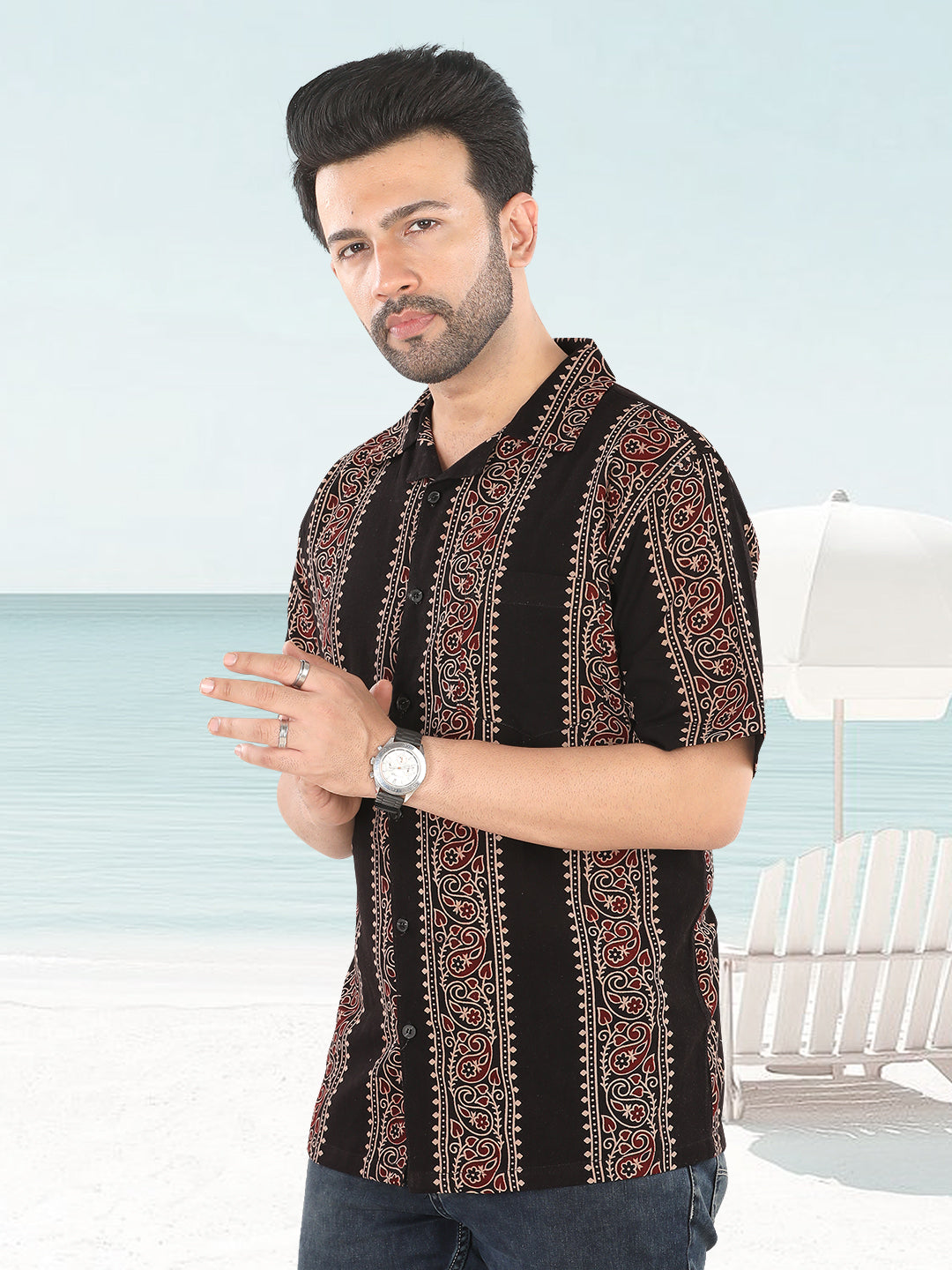 Men’s Black Vertical Ethnic Ajrakh Print Half Sleeve Casual Shirt (1107)