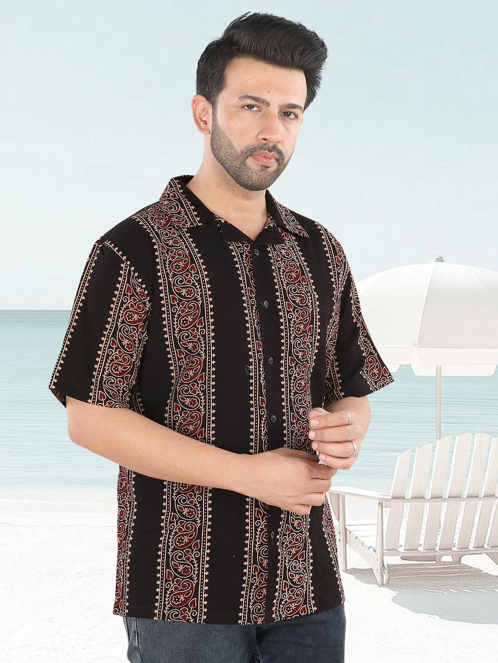 Men’s Black Vertical Ethnic Ajrakh Print Half Sleeve Casual Shirt (1107)