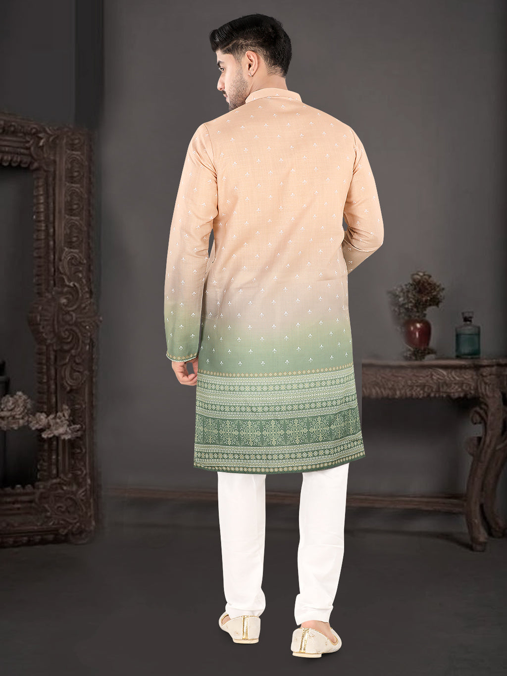 Peach to Pista Ombre Printed Kurta with Traditional Border (7081)