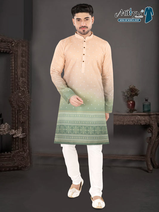 Peach to Pista Ombre Printed Kurta with Traditional Border (7081)