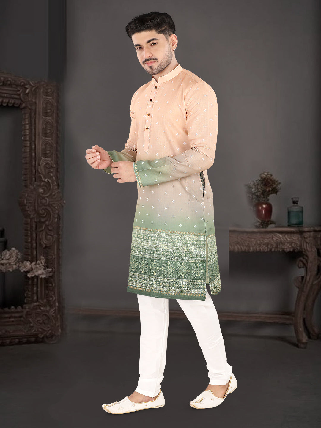 Peach to Pista Ombre Printed Kurta with Traditional Border (7081)