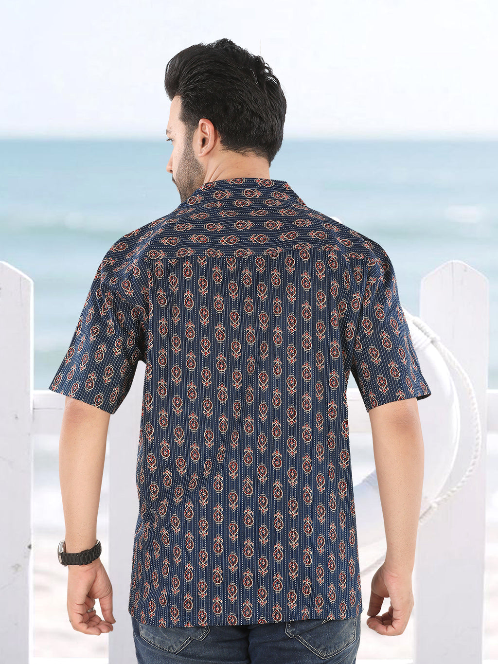 Men’s Navy Blue Ethnic Motif Ajrakh Print Half Sleeve Casual Shirt (1105)