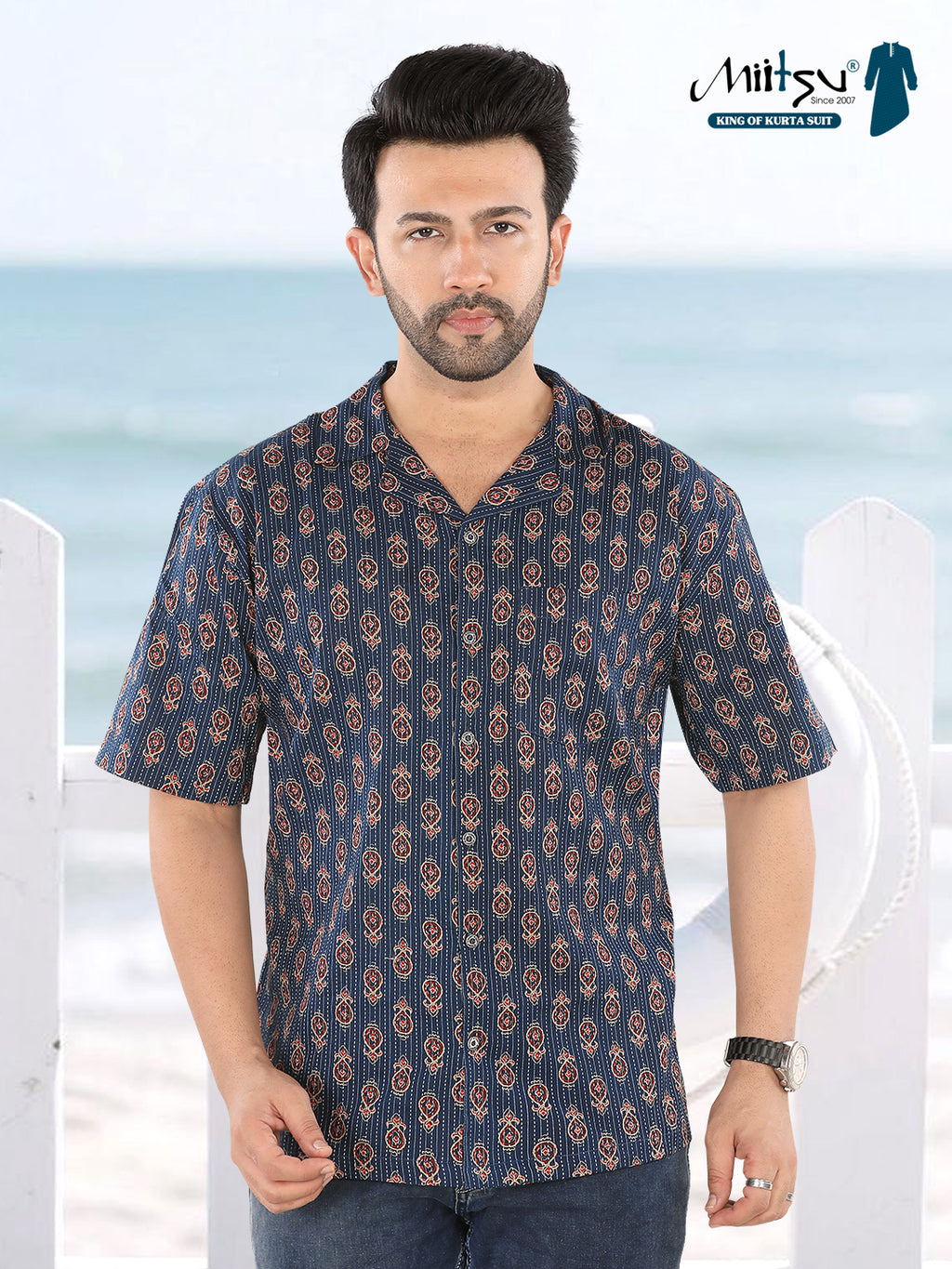 Men’s Navy Blue Ethnic Motif Ajrakh Print Half Sleeve Casual Shirt (1105)
