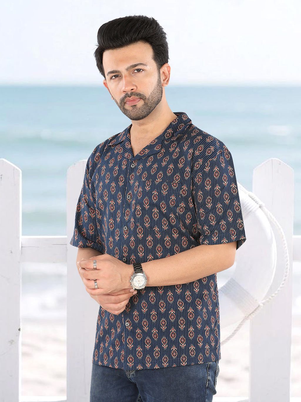 Men’s Navy Blue Ethnic Motif Ajrakh Print Half Sleeve Casual Shirt (1105)