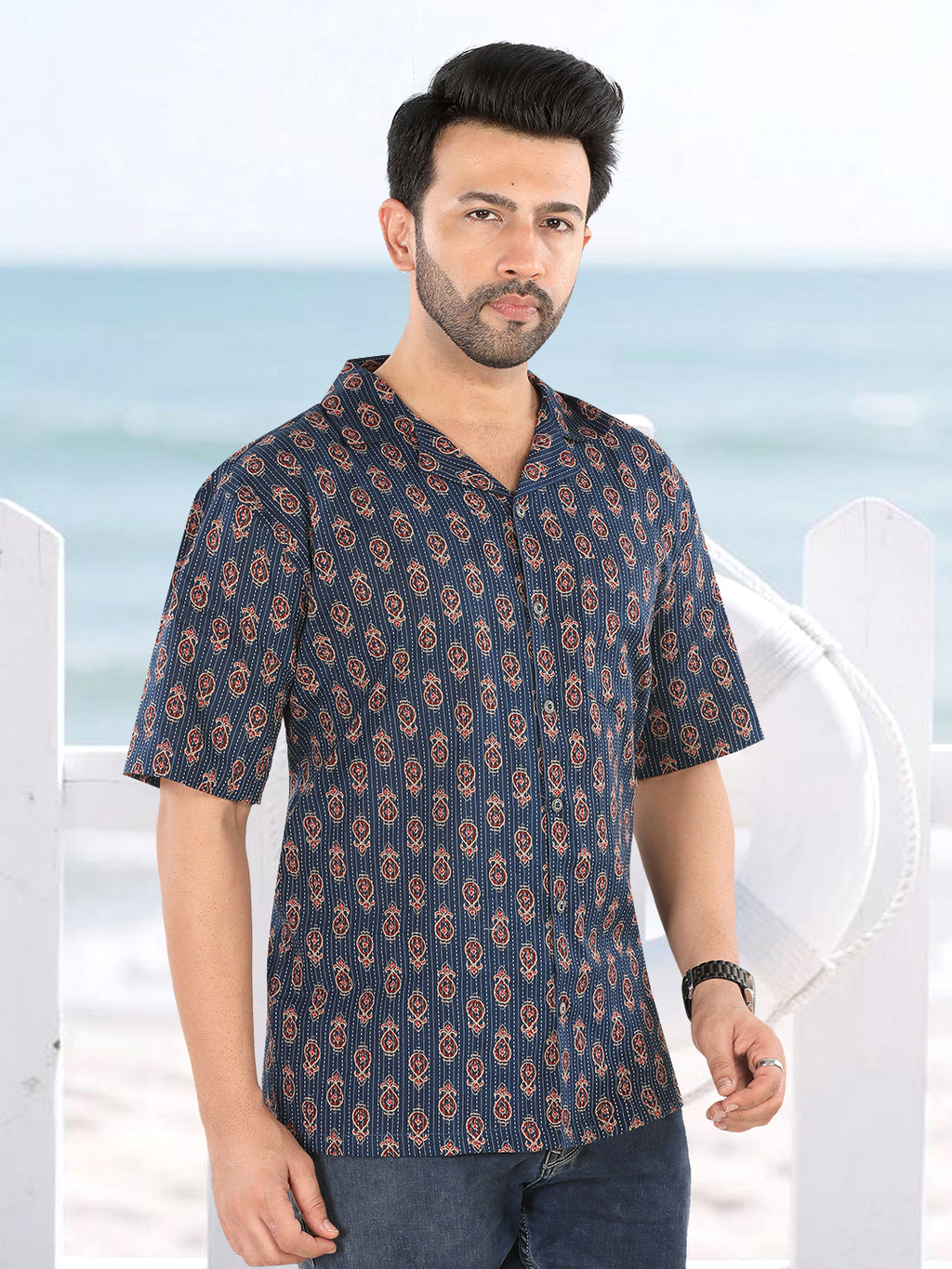 Men’s Navy Blue Ethnic Motif Ajrakh Print Half Sleeve Casual Shirt (1105)