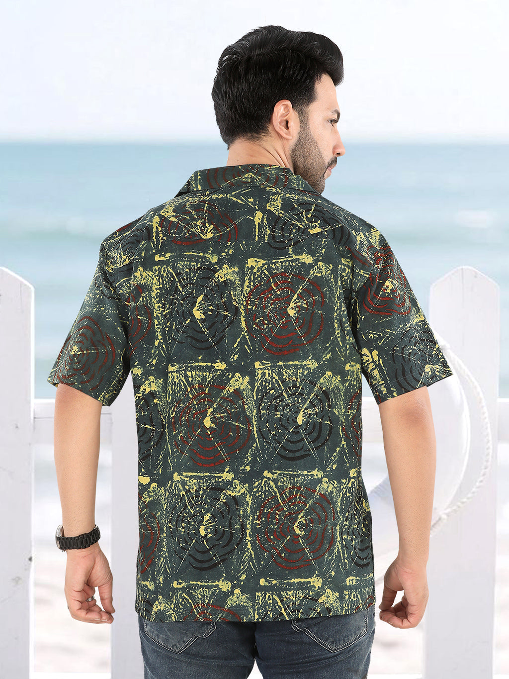 Men’s Olive Green-Yellow Abstract Ajrakh Print Half Sleeve Casual Shirt (1112)