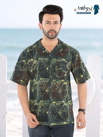 Men’s Olive Green-Yellow Abstract Ajrakh Print Half Sleeve Casual Shirt (1112)