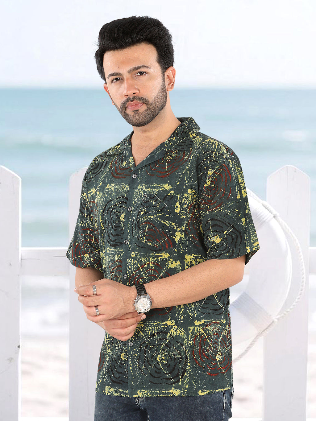 Men’s Olive Green-Yellow Abstract Ajrakh Print Half Sleeve Casual Shirt (1112)