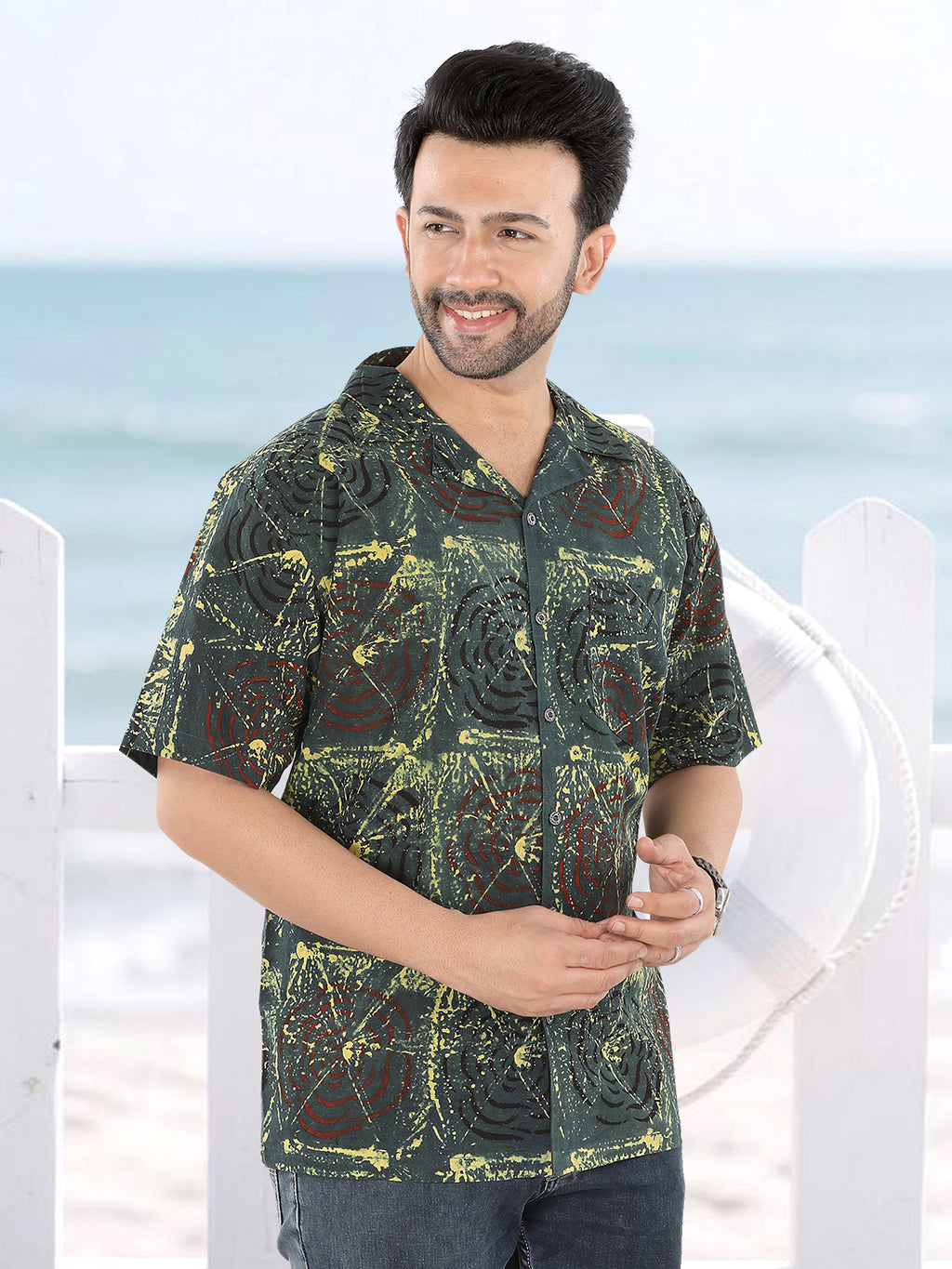 Men’s Olive Green-Yellow Abstract Ajrakh Print Half Sleeve Casual Shirt (1112)