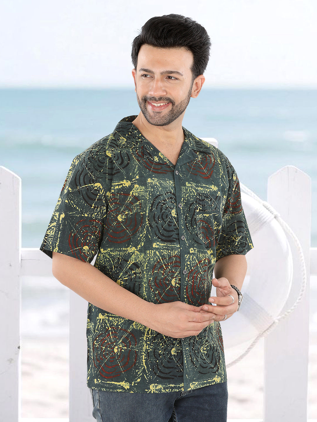 Men’s Olive Green-Yellow Abstract Ajrakh Print Half Sleeve Casual Shirt (1112)