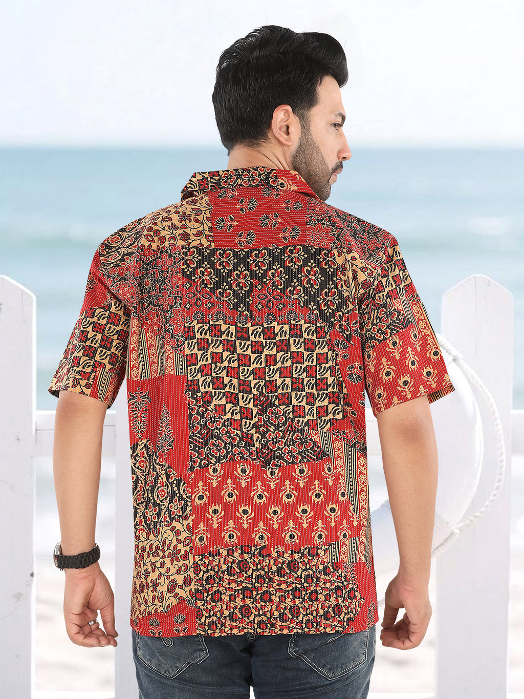 Men’s Maroon & Black Patchwork Ajrakh Print Half Sleeve Casual Shirt (1106)