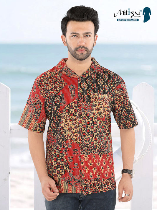 Men’s Maroon & Black Patchwork Ajrakh Print Half Sleeve Casual Shirt (1106)