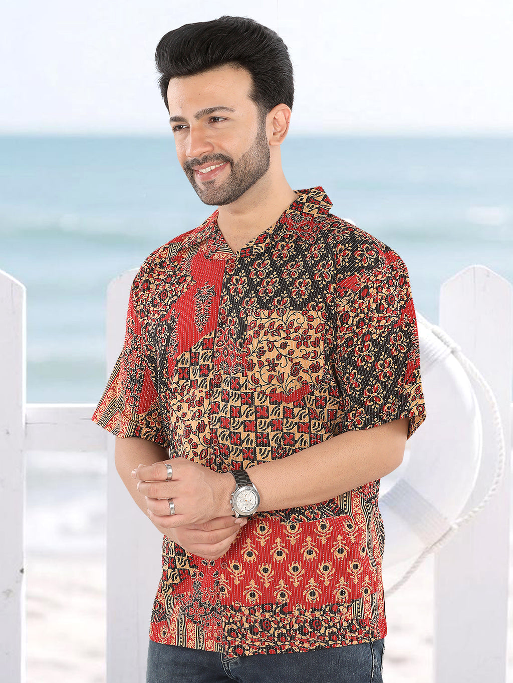 Men’s Maroon & Black Patchwork Ajrakh Print Half Sleeve Casual Shirt (1106)