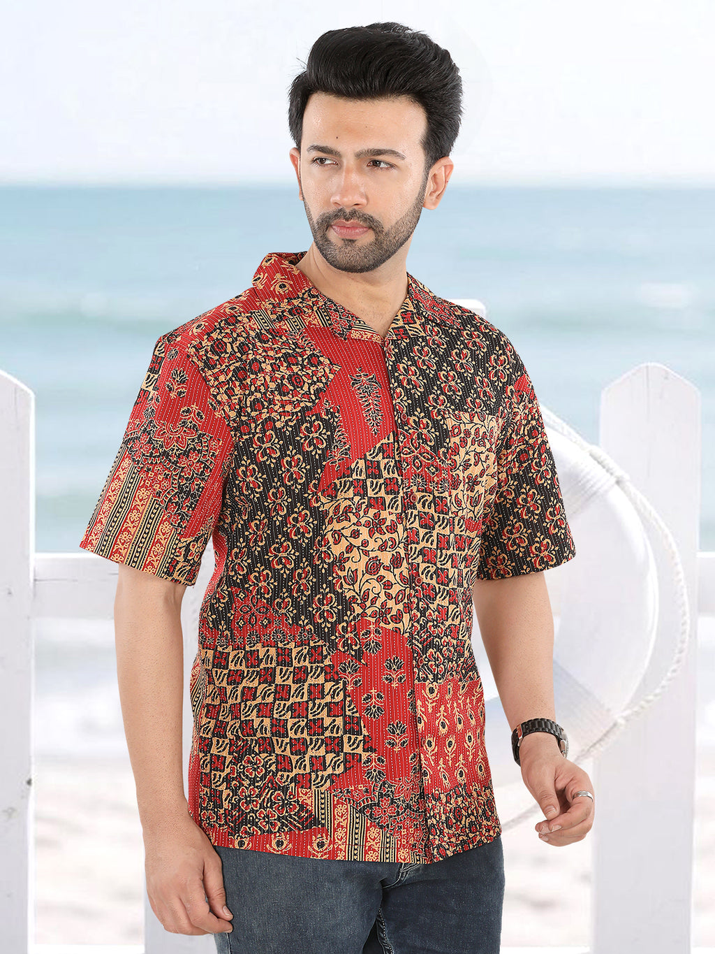 Men’s Maroon & Black Patchwork Ajrakh Print Half Sleeve Casual Shirt (1106)