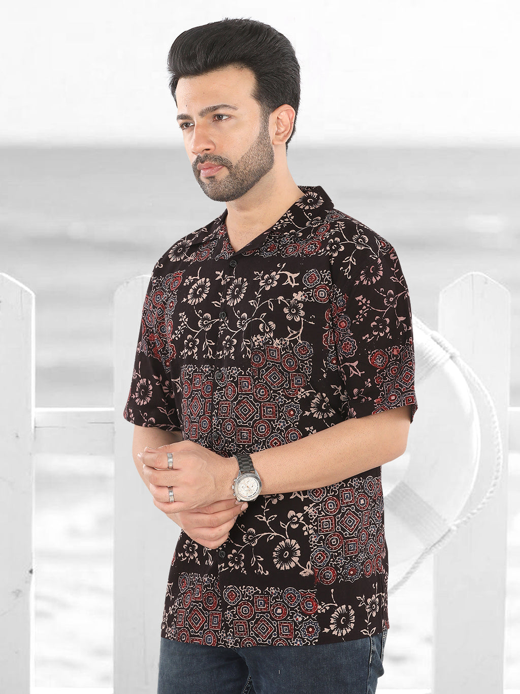 Midnight Ajrakh Fusion Print Shirt (1111)