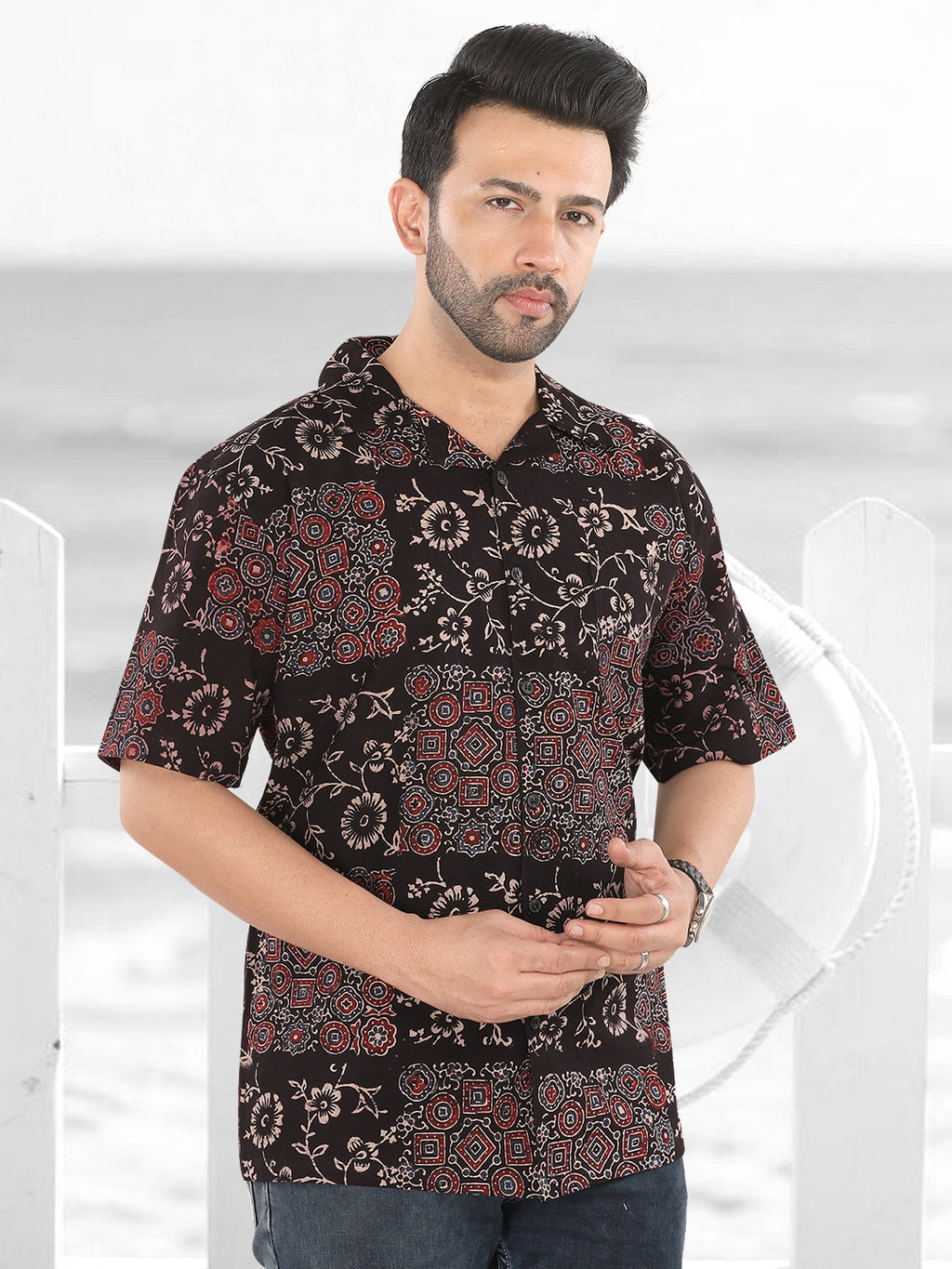 Midnight Ajrakh Fusion Print Shirt (1111)