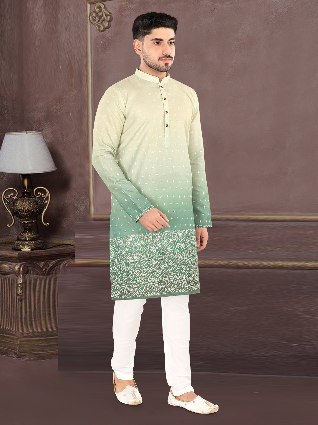 Pista Ombre Heritage Print Kurta (7081)