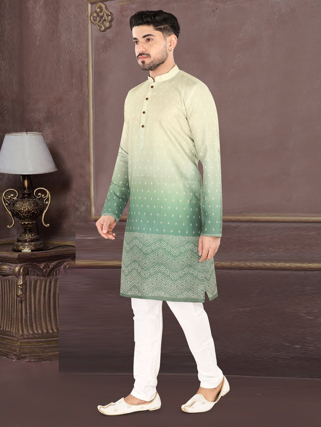 Pista Ombre Heritage Print Kurta (7081)
