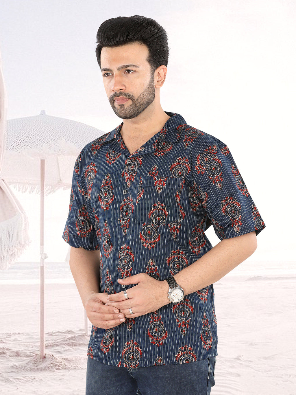 Indigo Ajrakh Circle Print Shirt (1104)
