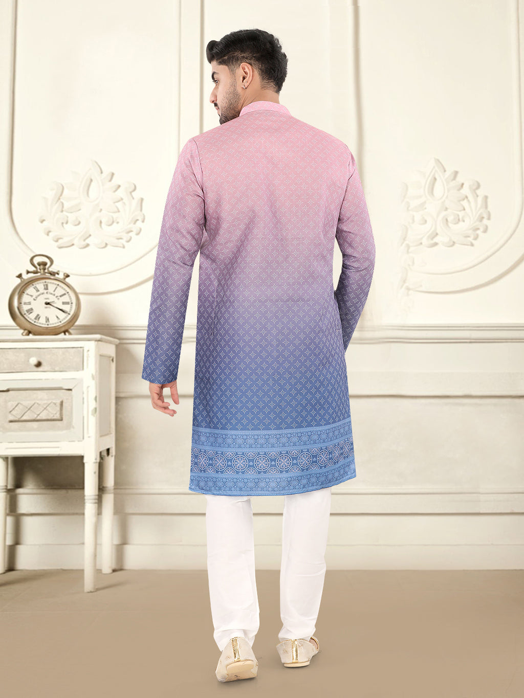 Gajari Pink to Blue Ombre Printed Kurta Set with Designer Border (1943)