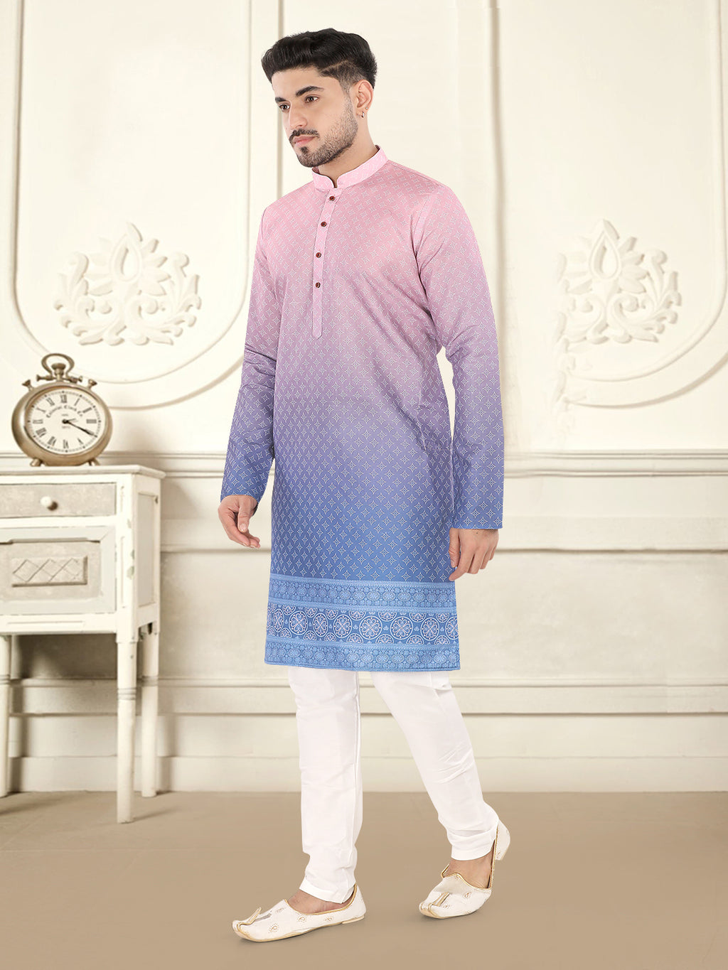 Gajari Pink to Blue Ombre Printed Kurta Set with Designer Border (1943)