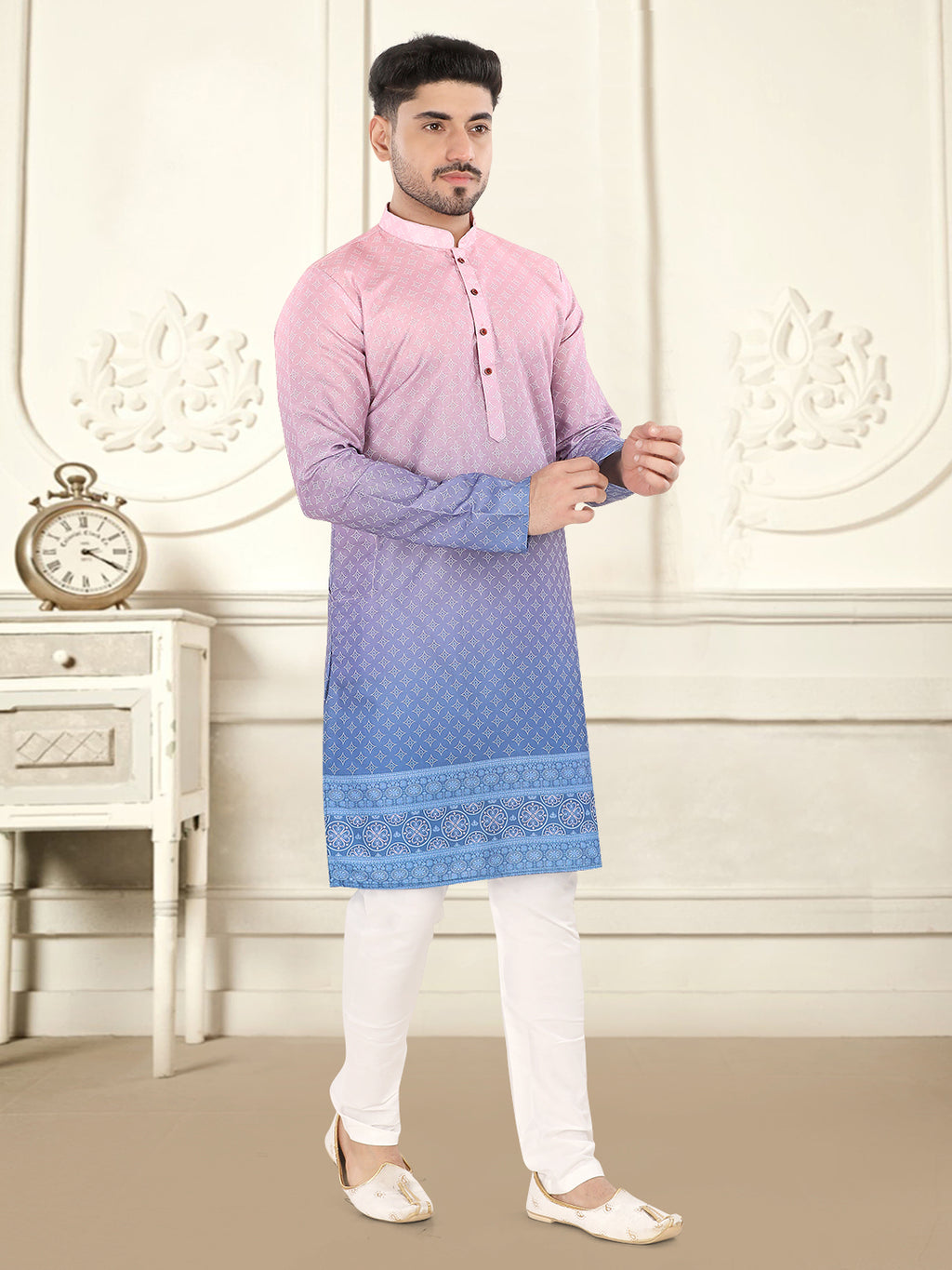 Gajari Pink to Blue Ombre Printed Kurta Set with Designer Border (1943)