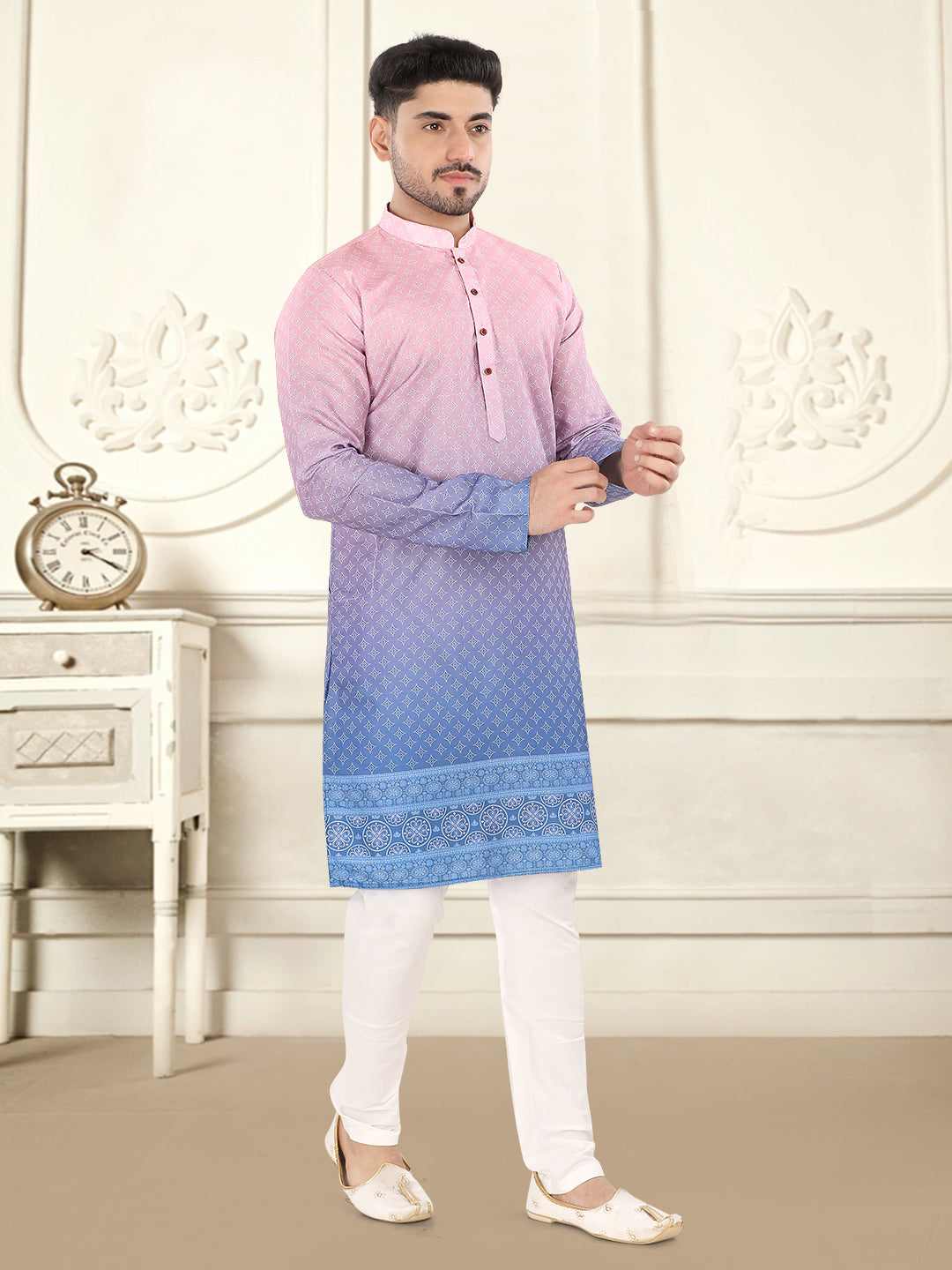 Gajari Pink to Blue Ombre Printed Kurta Set with Designer Border (1943)