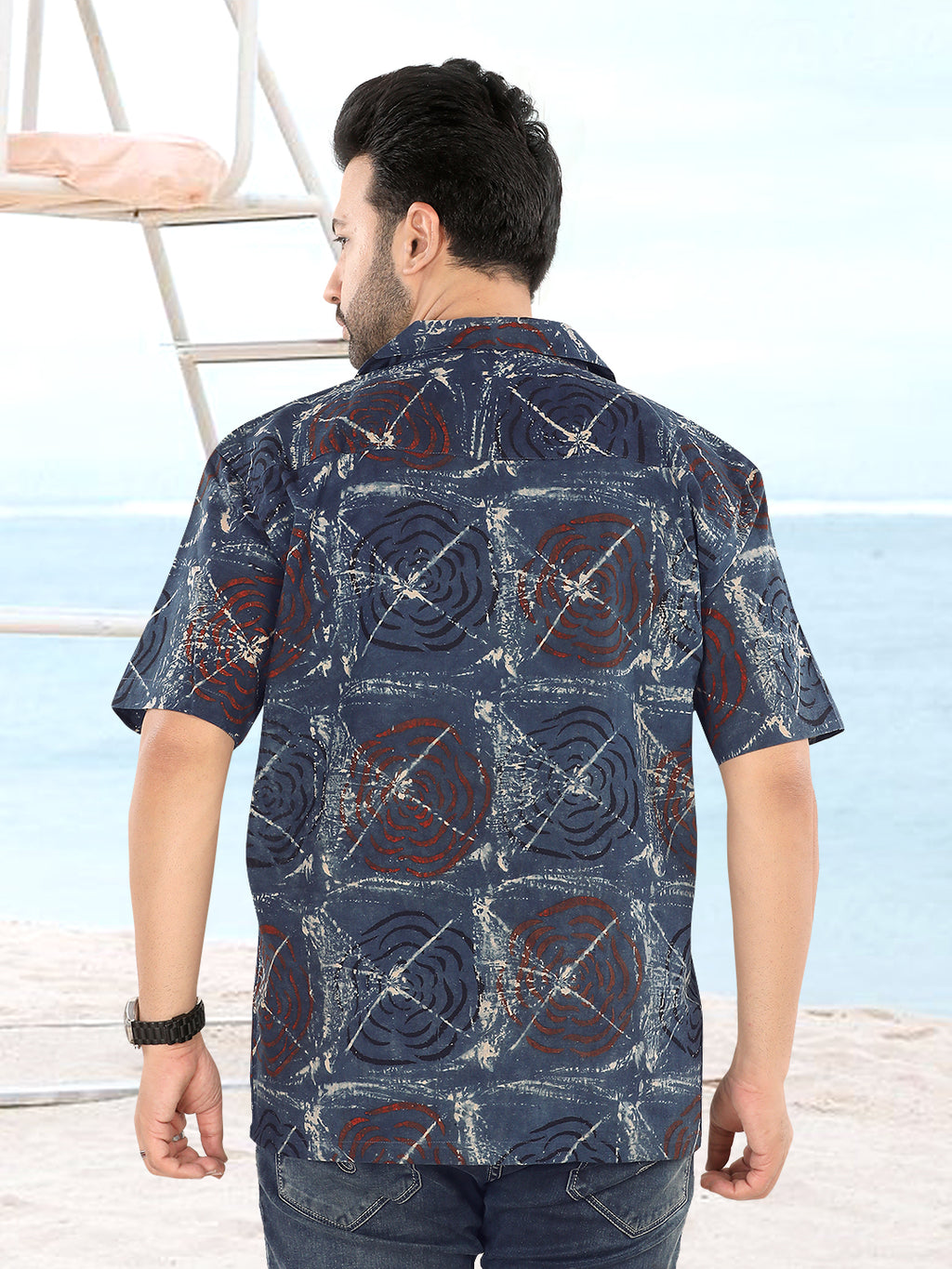 Midnight Blue Abstract Wave Ajrakh Print Shirt (1113)