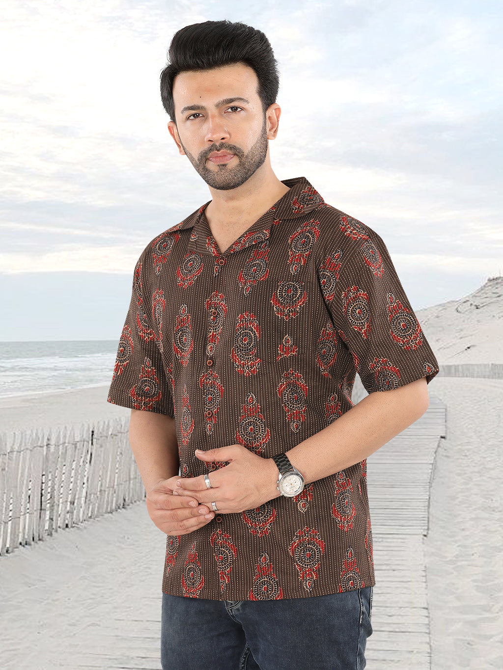 Earth Brown Heritage Medallion Ajrakh Print Shirt (1104)