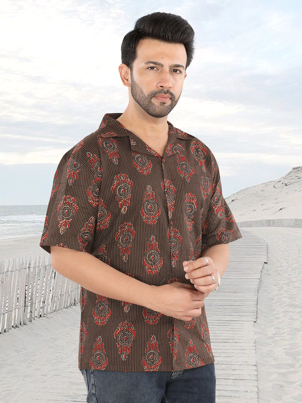 Earth Brown Heritage Medallion Ajrakh Print Shirt (1104)