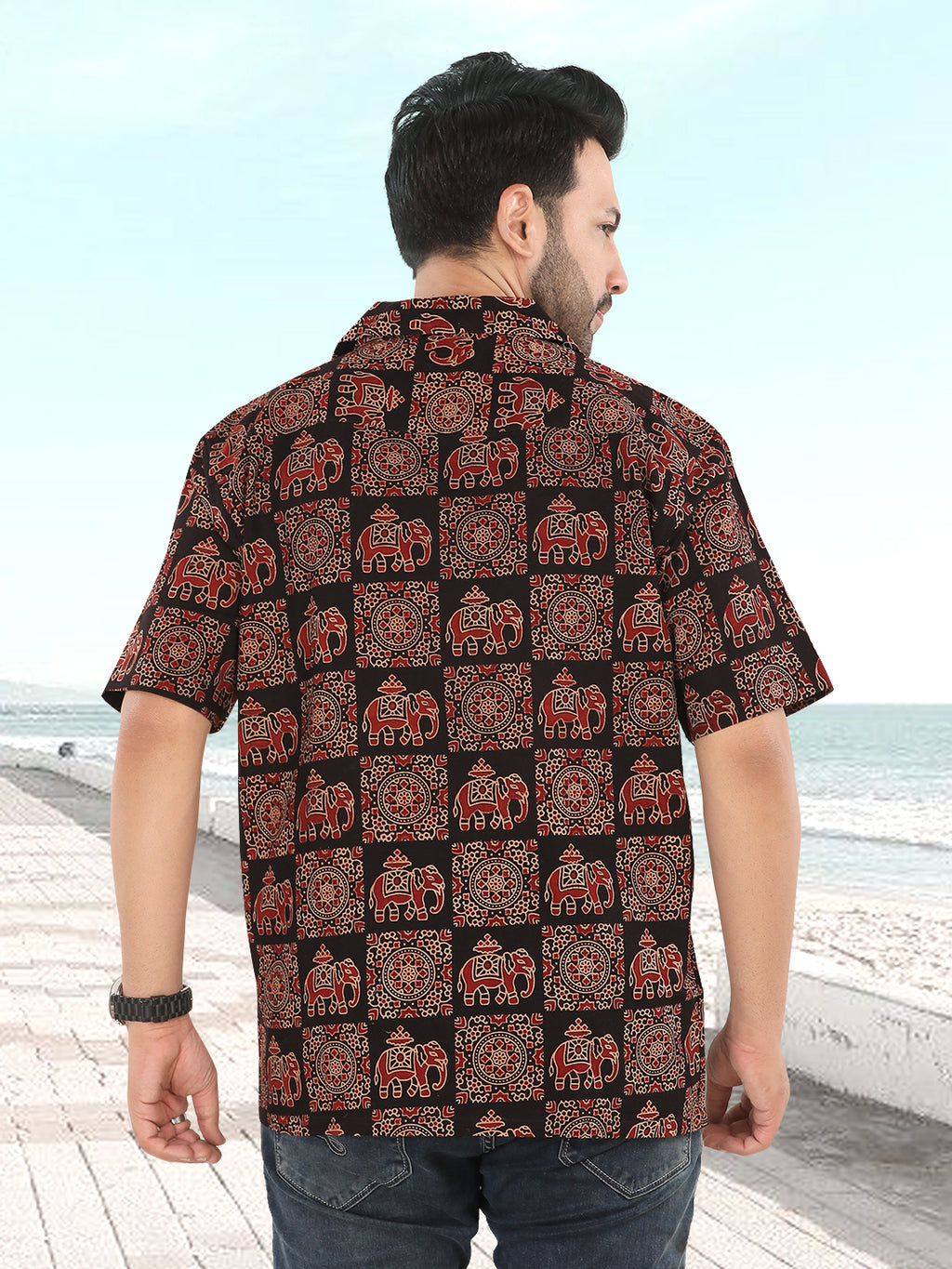 Black Royal Elephant Motif Ajrakh Print Shirt (1108)