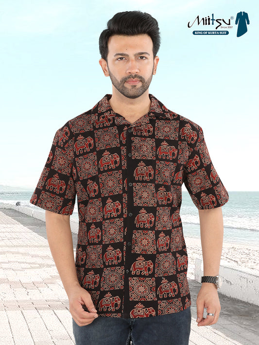 Black Royal Elephant Motif Ajrakh Print Shirt (1108)