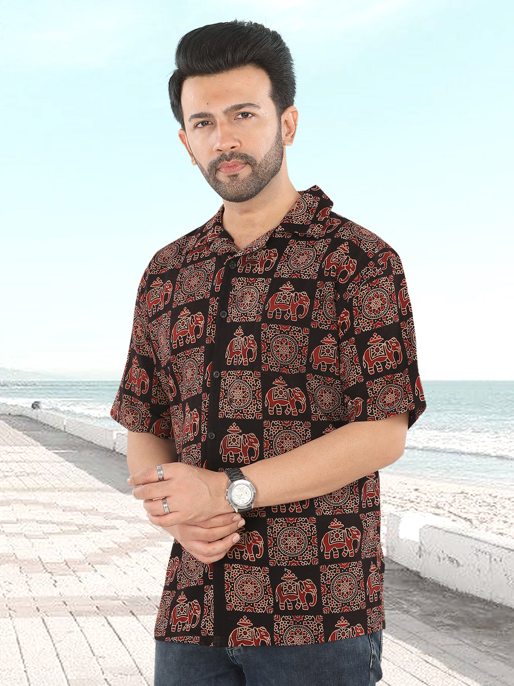 Black Royal Elephant Motif Ajrakh Print Shirt (1108)