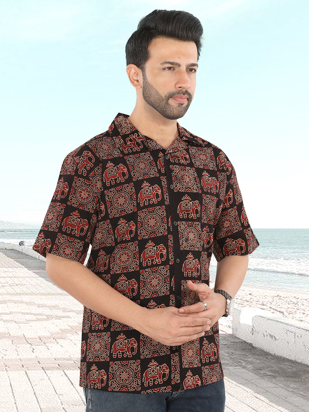 Black Royal Elephant Motif Ajrakh Print Shirt (1108)